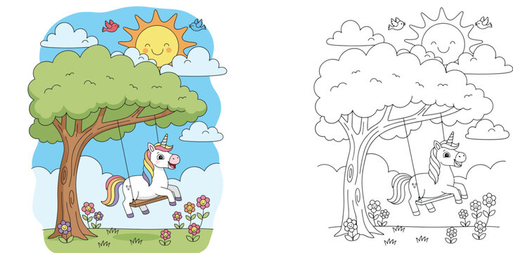 Cute cartoon unicorn swinging on a tree in a sunny garden landscape with flowers and sun, set of colorful and black and white line art vector illustration for kids coloring page