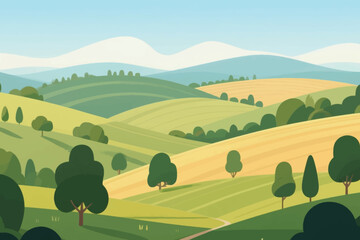 Countryside landscape with rolling green and yellow hills, scattered trees, winding path, and snow capped mountains under clear blue sky. © HardTeam