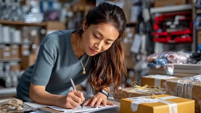 Small Business Owner at Work: An industrious individual meticulously documents shipment details in a warehouse setting, surrounded by neatly stacked parcels.