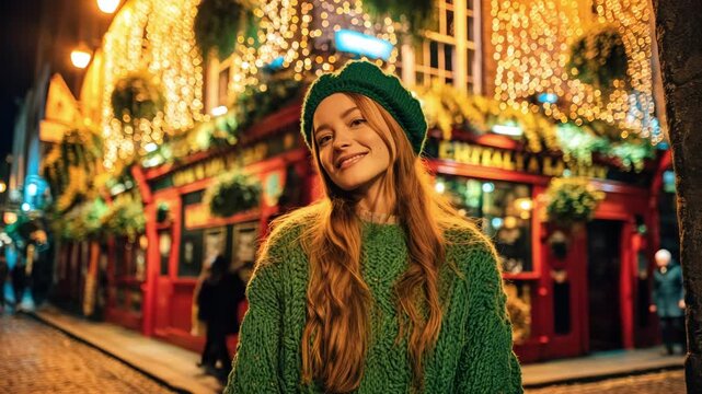 A beautiful smiling girl in a green knitted sweater and hat stands near an old Irish pub decorated with sparkling garlands at night. St. Patrick's Day celebration concept