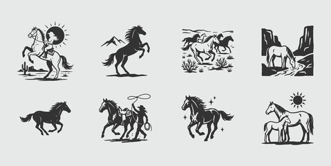 Naklejka premium Western Horse Vector Logo Set. Vintage Wild West Badges and Silhouettes Collection featuring Rodeo Cowgirl and Mustang Animals.