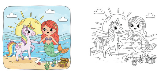 Fototapeta premium Cute Unicorn and Mermaid Holding Hands on the Beach Set with Colorful Illustration and Black and White Line Art Coloring Page for Kids Activity Book Fantasy Mythical Characters Vector