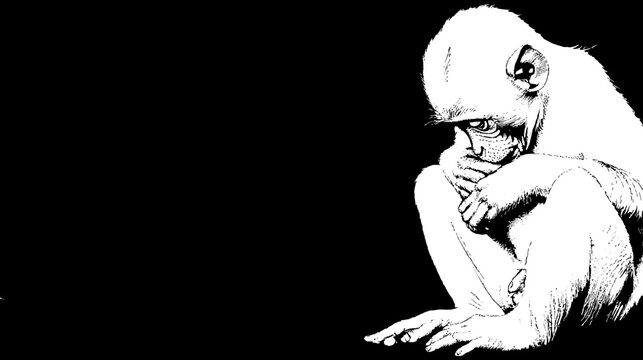Pensive baby monkey sitting alone in a high-contrast black and white illustration, with a graphic, isolated mood.