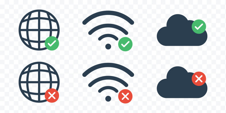 clean flat 2D vector set of 6 Online and Offline status icons perfect for UI/UX use. online and offline icon set. Internet on and internet off symbol. Internet status sign. Internet connection status