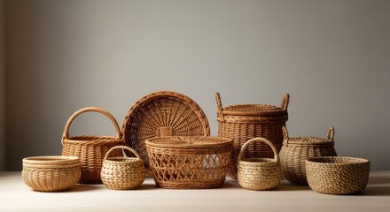 Fototapeta premium Woven Baskets Collection: Natural Wicker Containers for Storage & Decor