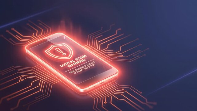 Digital scam warning smartphone cyber security fraud alert firewall glow neon circuit board background cybercrime prevention risk notice phishing hacking malware ransomware data breach protection