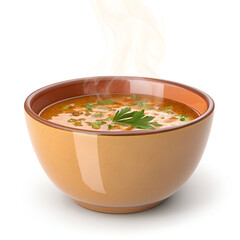 Steaming bowl of savory soup with fresh herbs on top