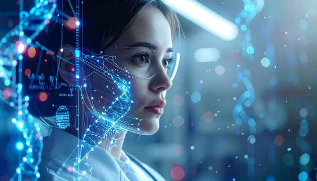 Visionary in Science: A focused scientist gazes intently, immersed in a high-tech laboratory setting, as the complexities of the scientific world come into focus. 