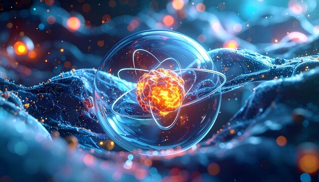 Atomic Energy: A visualization of atomic energy, showcasing a central core of the atom, electrons orbiting around it, enveloped in a protective shell, and set against a dynamic background.