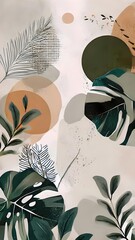 Modern Abstract Botanical Art Print with Tropical Leaves and Geometric Shapes