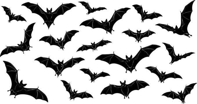 Flying bat silhouettes collection isolated on white background spooky halloween wildlife vector illustration set dark night animals design graphic elements
