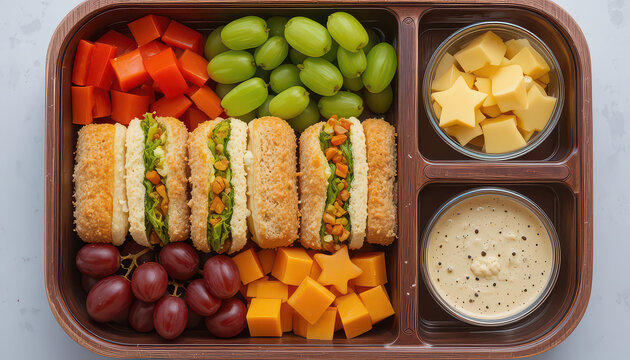 Deliciously arranged bento box featuring four crustless mini sandwiches filled with fresh lettuce and colorful vegetables alongside vibrant green grapes and sweet red grapes for a healthy portable lun
