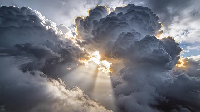 Sun rays breaking through thick cumulus clouds in blue sky