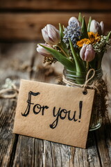 Fresh flowers and a note placed on a wooden table near an old wooden background