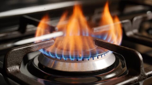 High angle view of natural gas burner with orange flames