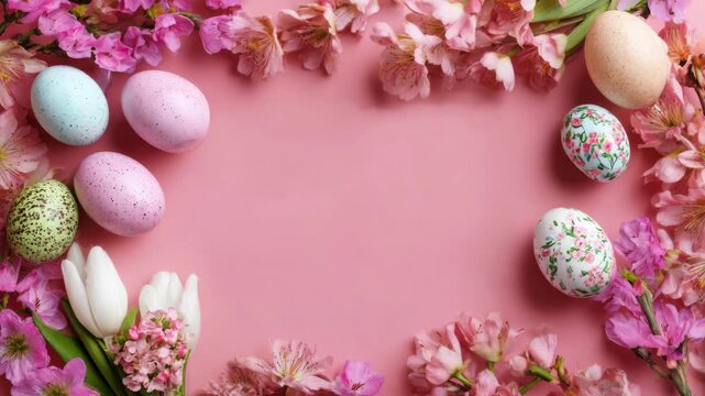 Spring flowers, painted eggs, and wheat germ create a frame on a pink background. Banner design with copy space, Novruz Bayram celebration concept