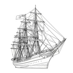 Detailed Line Drawing of a Majestic Tall Ship Sailing on the Open Sea.
