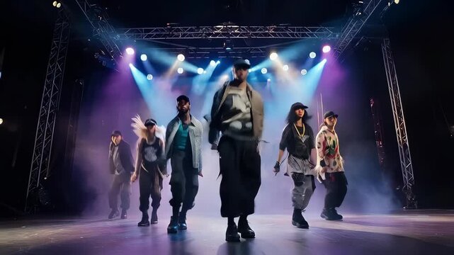 The vibrant energy of dancers in bold streetwear on a dynamic concert stage.