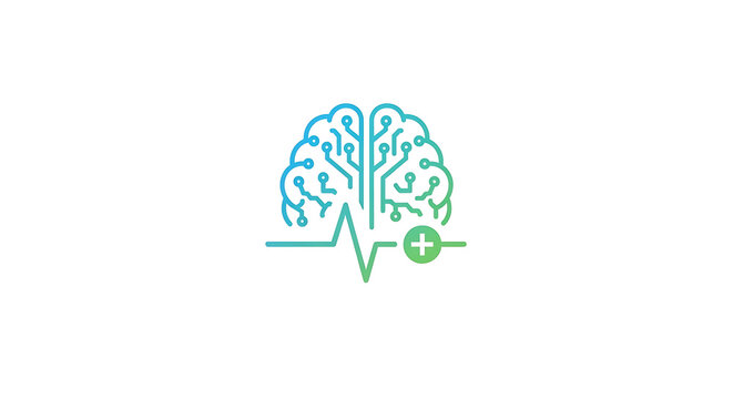 A digital brain with circuit connections and a heartbeat line with a plus sign on a white background