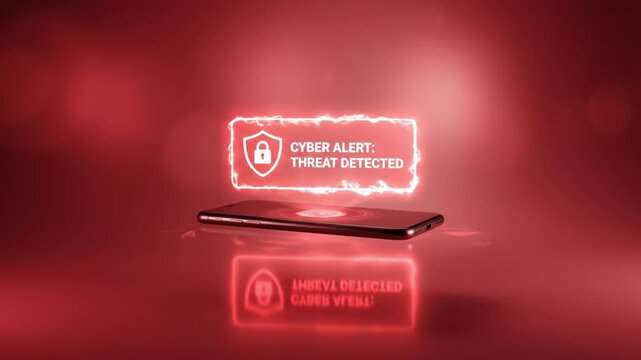 Cyber alert threat detected mobile phone security red background data protection digital warning firewall encryption cybersecurity mobile smartphone alert threat hacking malware internet network