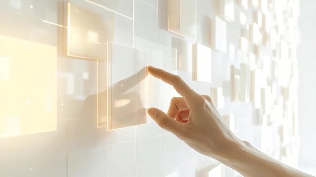 A hand touching a glowing panel, part of a wall mosaic