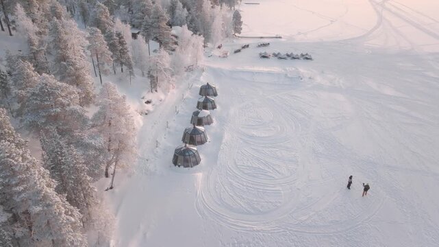 4K Drone Cinematic Winter Scene Frozen Landscapes of Ivalo in Finnish Lapland
