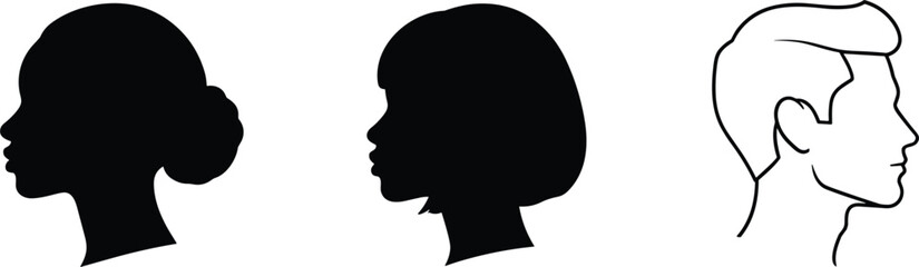 Male and female head profile icons with solid silhouettes and outline hairstyle minimal black vector illustration set
