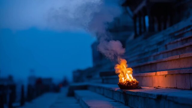 cremation fire placed on right third of frame, historic temple architecture and stone steps softly fading into blue twilight, gentle smoke rising vertically, wide calm for 4K