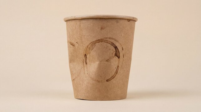 Close-up studio shot of a brown recycled paper coffee cup featuring distinct circular stains from beverage residue, isolated against a minimalist beig