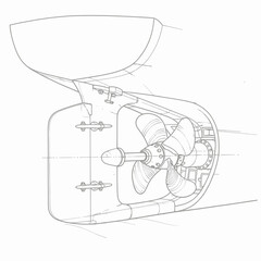 Detailed technical drawing of a ships propeller and stern section. © LafifahFitriyani