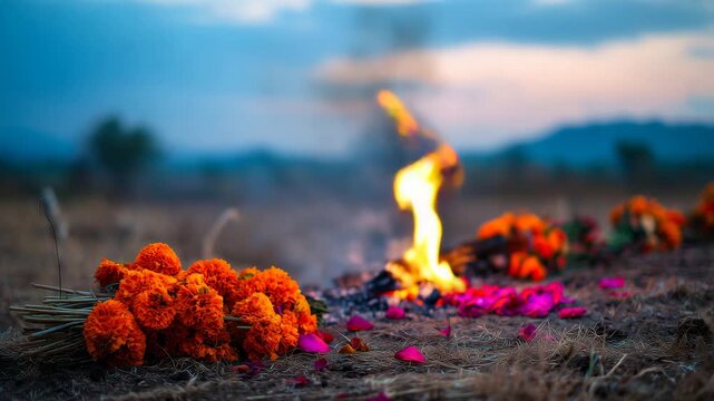 funeral scene in rural India, fresh orange marigold flower garlands placed on a small outdoor cremation fire on bare dry grass ground, low ground-level camera angle about 4K