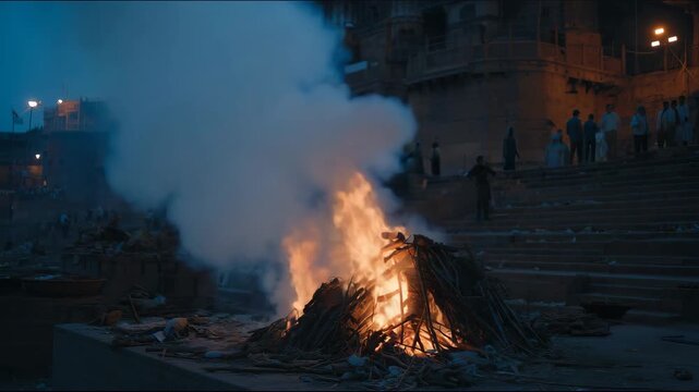glowing cremation fire placed on right third of frame, historic temple architecture and stone steps softly fading into blue twilight, gentle smoke rising vertically,
