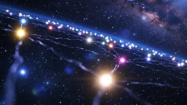 Cosmic String Theory Visualization: Hyperspace with Luminescent Nodes and Interdimensional Connections