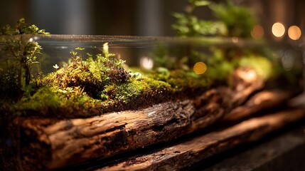 Fototapeta premium Mossy terrarium in glass container on wooden base indoor gardening decorative object with green plants and logs in warm lighting