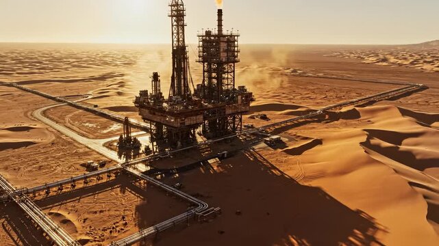 Oil rig operation in desert environment. Technological infrastructure produces oil while sun rises. Industrial scene represents energy production and environmental exploration.