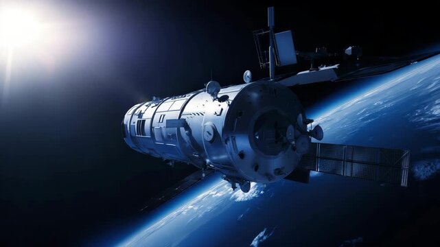 shot of a cargo spaceship in orbit with Earth visible at lower background, three-quarter angle showing hull details, dockin  4K
