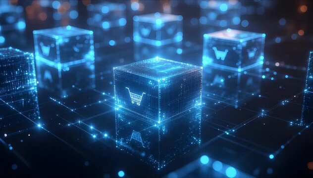 Futuristic e-commerce animation with glowing shopping cart data cubes stacking on digital network (AI Generated)