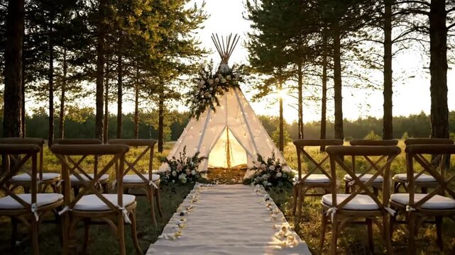 Romantic outdoor wedding ceremony setup with teepee and chairs amidst the trees during sunset