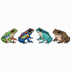 Naklejka premium Four colorful frogs facing each other in a row against a plain white background.