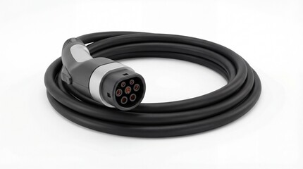 Fototapeta premium A coiled black high-power electric vehicle (EV) charging cable with a Type 2 connector sits isolated on a bright white background, symbolizing sustain