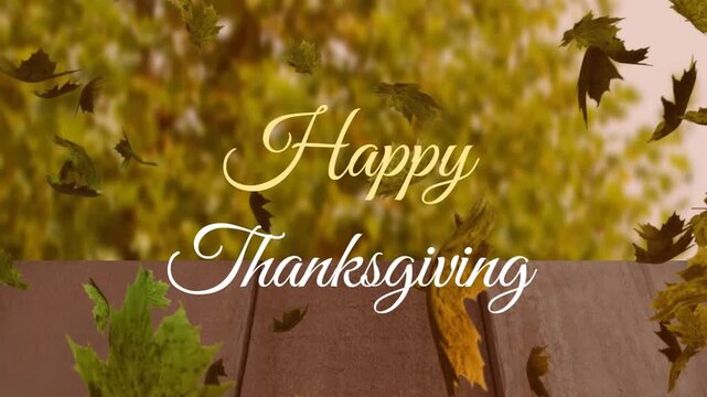 Animation of happy thanksgiving text over leaves and autumn tree