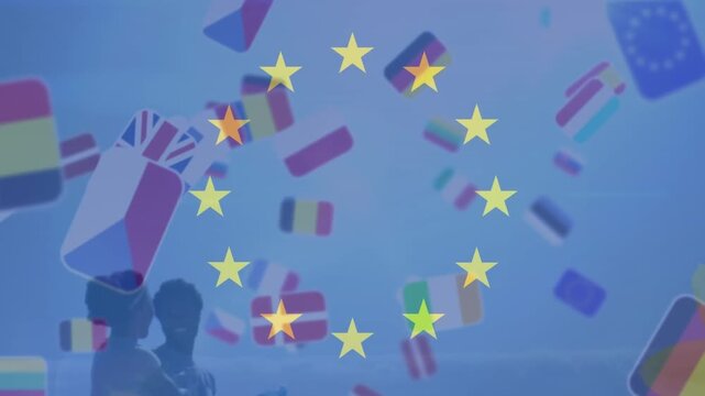 Animation of national flags and flag of eu over african american couple