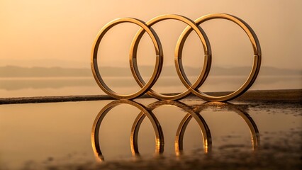 Three golden rings reflected on a serene body of water at sunset