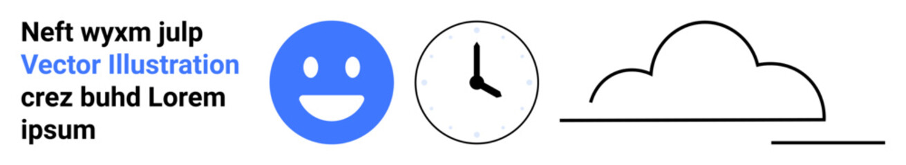 Fototapeta premium Communication, time management, weather forecast, productivity, simple visuals, minimalism. Blue happy face, clock icon and cloud graphic in clean design. Communication and time management symbolism