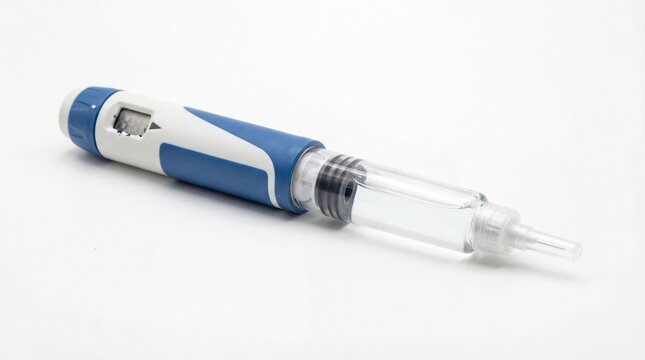 A close-up studio shot shows a modern blue and white reusable auto-injector pen, displaying the insulin dosage window and clear liquid cartridge on a 