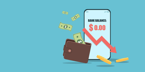 A flat art depiction of financial crisis featuring an empty brown wallet, falling money, and a smartphone displaying a zero dollar bank balance with a downward red trend arrow.