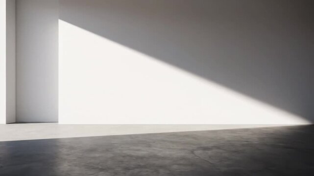 Sunlight moving across an empty room with a window, creating dynamic shadows that shift over time on white walls and a concrete floor.