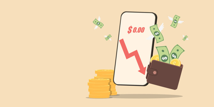 Digital smartphone showing zero balance and a downward red arrow trend. Cash is flying away from a wallet near stacks of gold coins, representing financial crisis and bankruptcy.