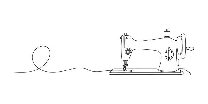 Vector continuous line drawing of vintage sewing machine with thread