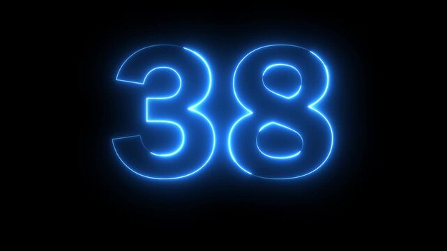 Neon blue color Number 38 text icon animation education mathematic digit count finance countdown icon sign symbol on black background